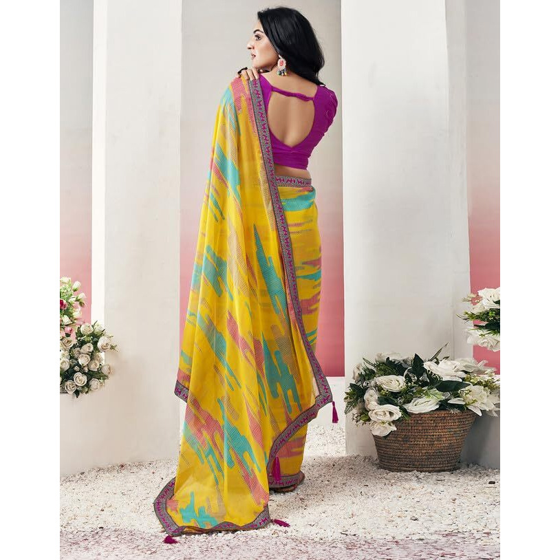 SIRIL Womens Chiffon Printed Saree With Unstitched Blouse Piece (3576S2505_Yellow & Pink)