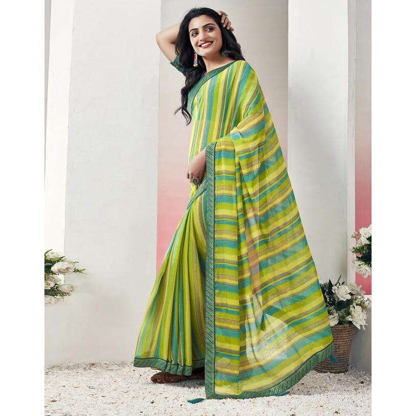 SIRIL Womens Chiffon Printed Saree With Unstitched Blouse Piece (3576S2504_Green & Light Blue)
