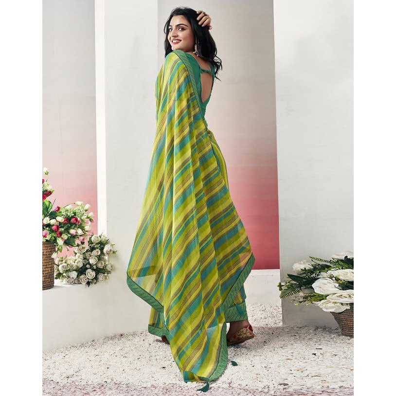 SIRIL Womens Chiffon Printed Saree With Unstitched Blouse Piece (3576S2504_Green & Light Blue)