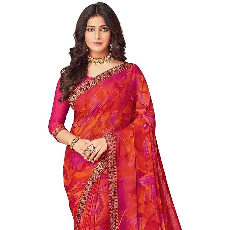 SIRIL Womens Lace & Printed Chiffon Saree with Blouse(2206S933_Hot Pink & Multi)