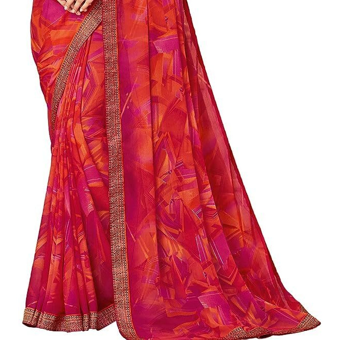 SIRIL Womens Lace & Printed Chiffon Saree with Blouse(2206S933_Hot Pink & Multi)