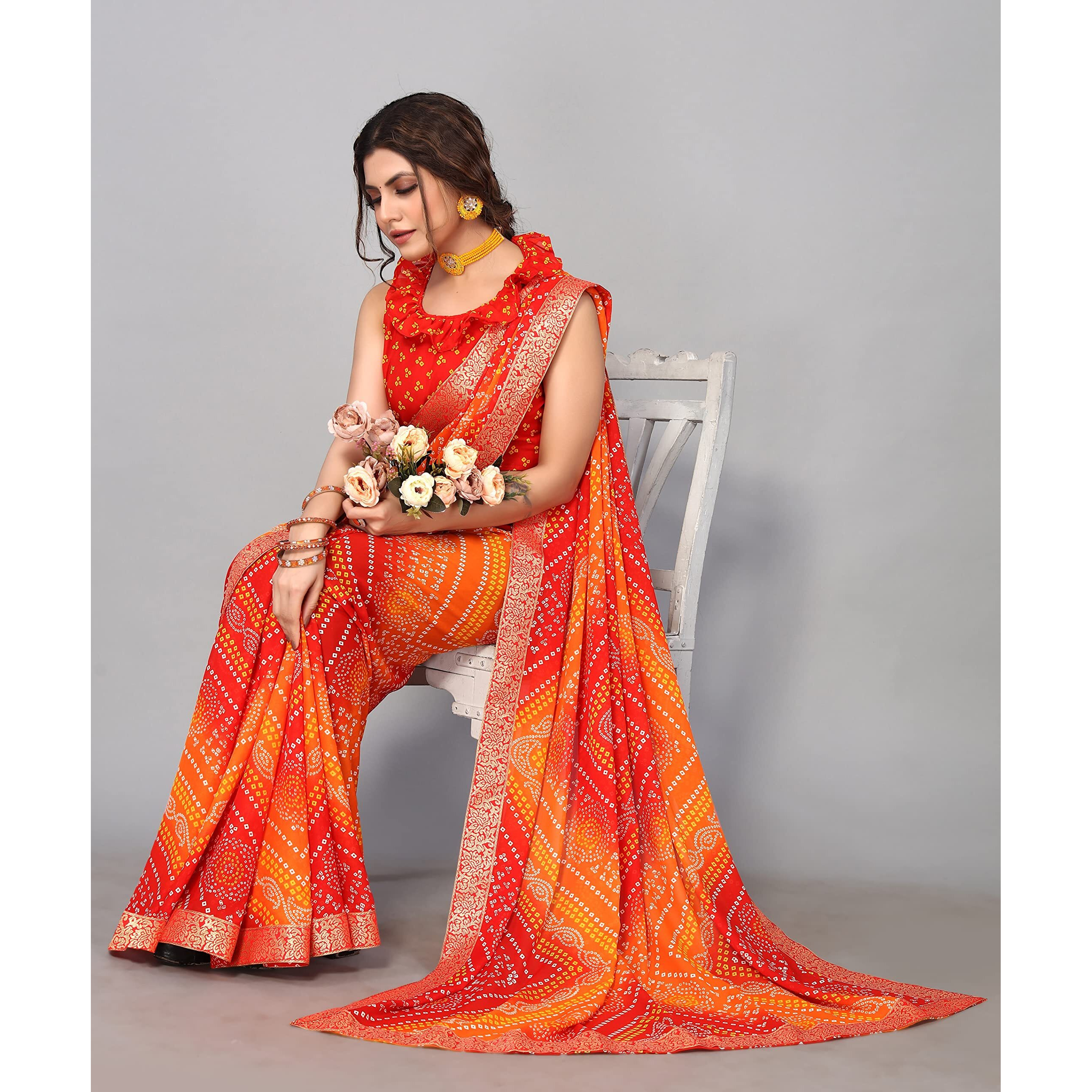 Yashika Womens Printed Georgette With Lace Saree With Blouse Piece (VERA RED)