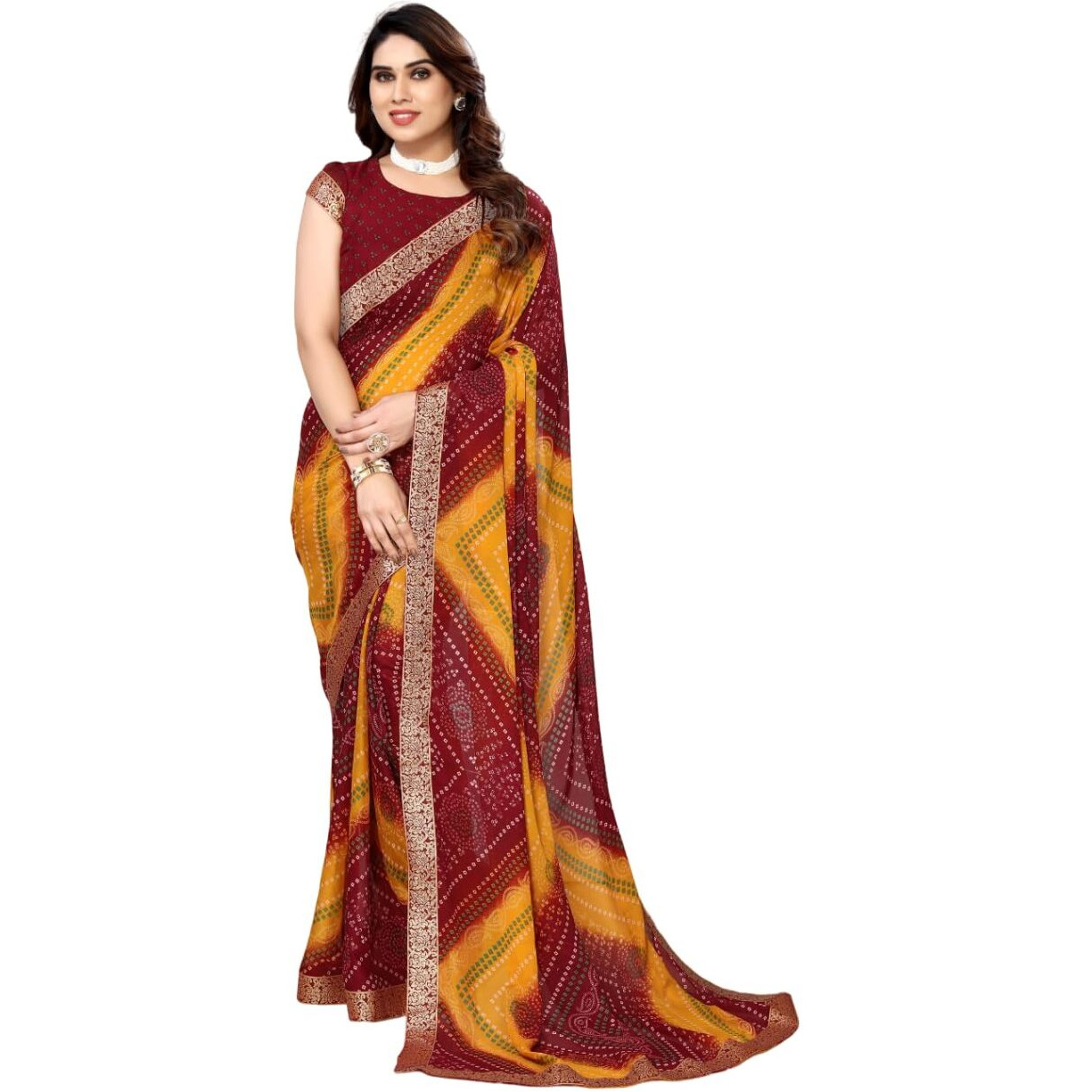 Yashika Womens Printed Trendy Georgette Maroon Color With Lace Saree with Blouse Material(VERA MAROON)