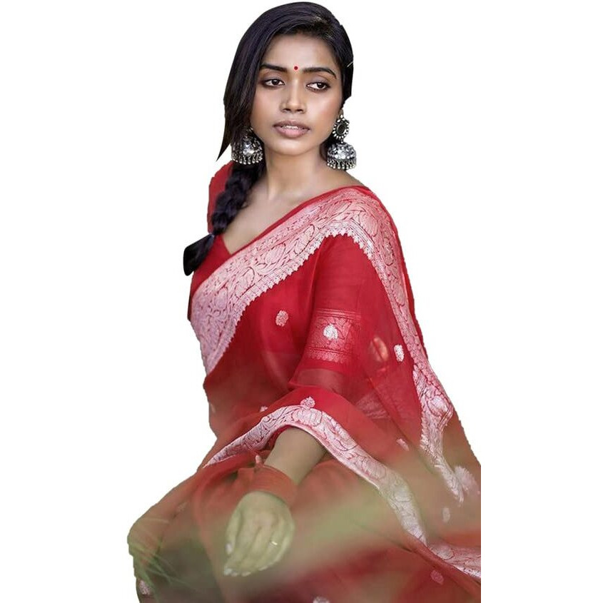 SIRIL Womens Jacquard Cotton Silk Saree with Unstitched Blouse(3073S107_Red, Silver)