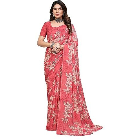 SIRIL Womens Floral Printed Georgette Saree with Unstitched Blouse Piece (3290S137_Rose Pink)