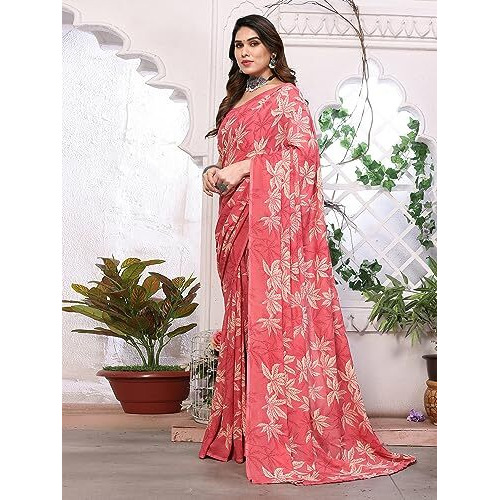 SIRIL Womens Floral Printed Georgette Saree with Unstitched Blouse Piece (3290S137_Rose Pink)
