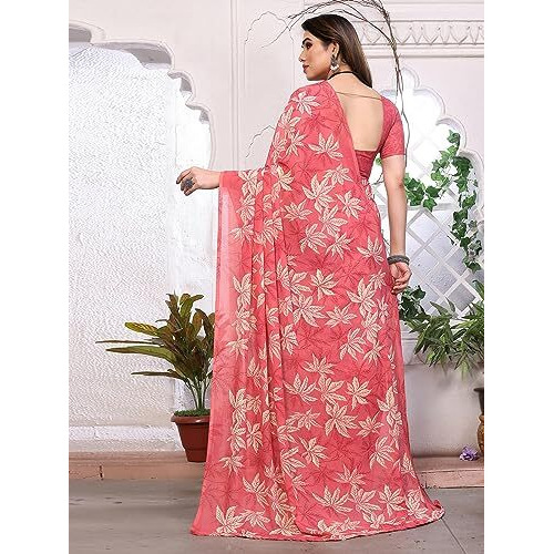 SIRIL Womens Floral Printed Georgette Saree with Unstitched Blouse Piece (3290S137_Rose Pink)
