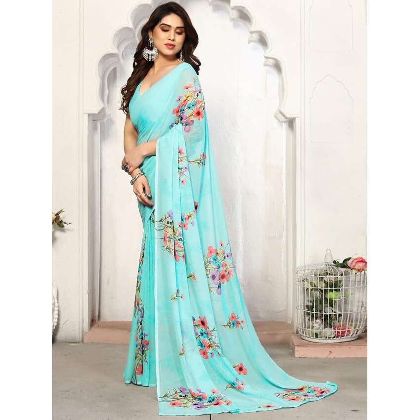 Satrani Georgette Womens Geoegette Floral Print Saree With Unstitched Blouse Piece (3112S2155Na_Sky Blue1)