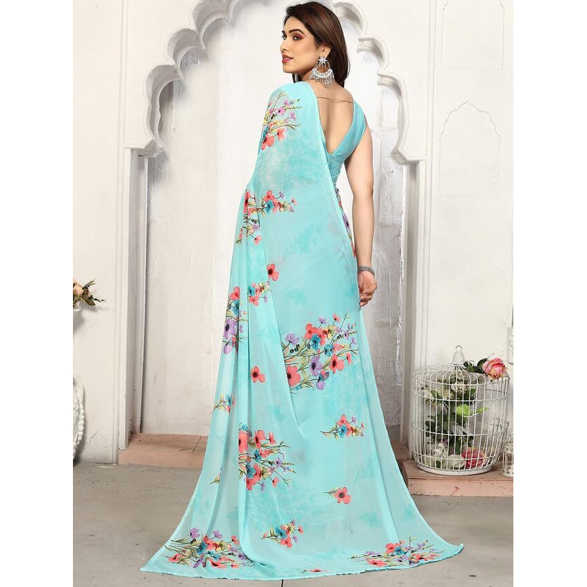 Satrani Georgette Womens Geoegette Floral Print Saree With Unstitched Blouse Piece (3112S2155Na_Sky Blue1)