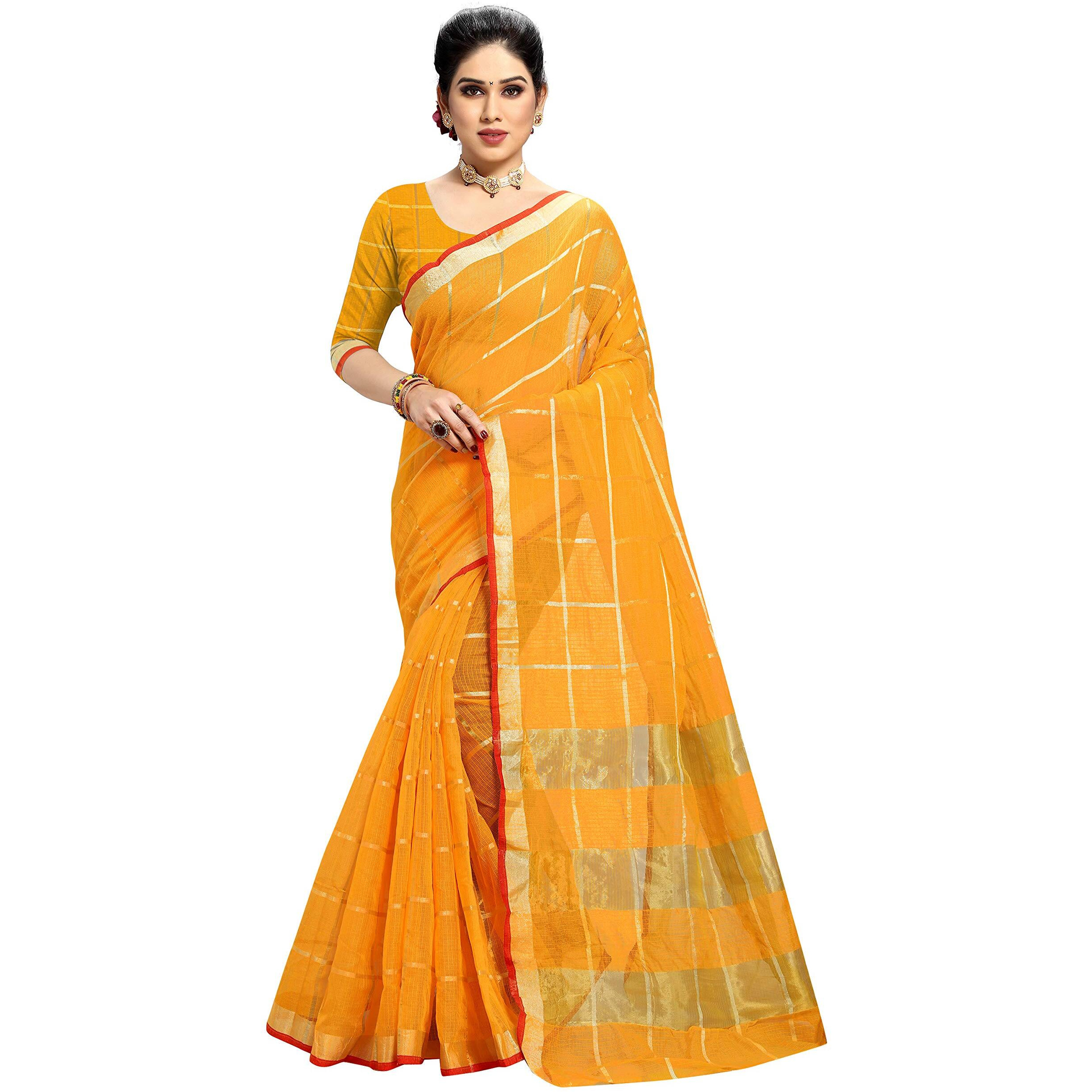 Sidhidata Womens Kota Doria Cotton Saree With Blouse Piece (Malang-Yellow_Gold)