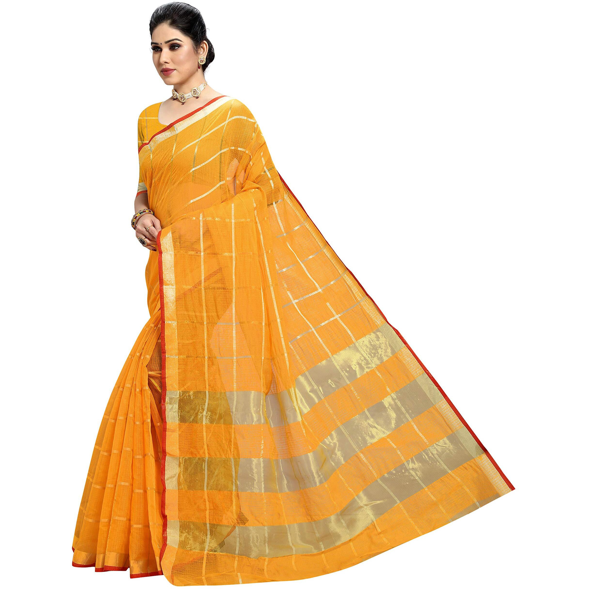 Sidhidata Womens Kota Doria Cotton Saree With Blouse Piece (Malang-Yellow_Gold)