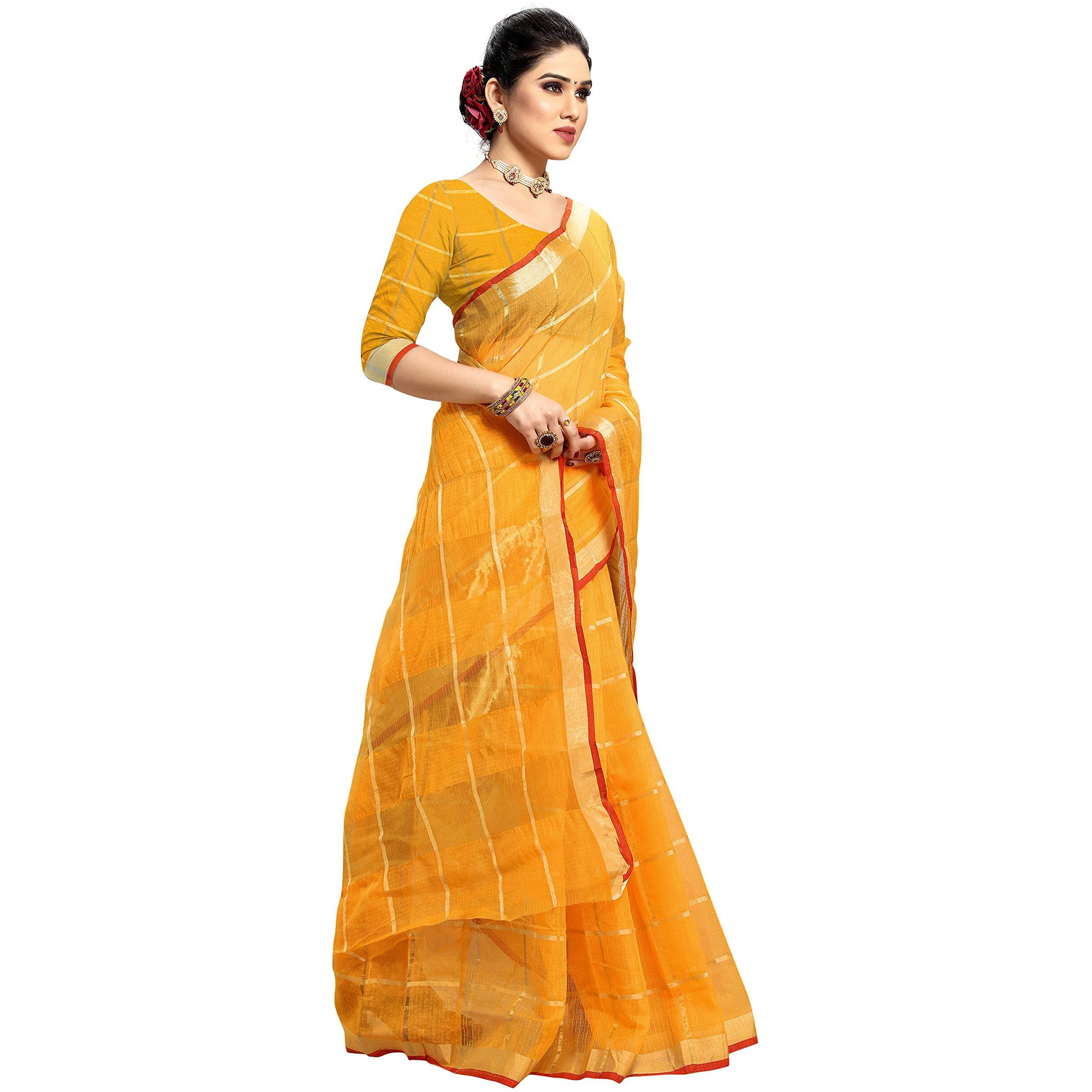 Sidhidata Womens Kota Doria Cotton Saree With Blouse Piece (Malang-Yellow_Gold)