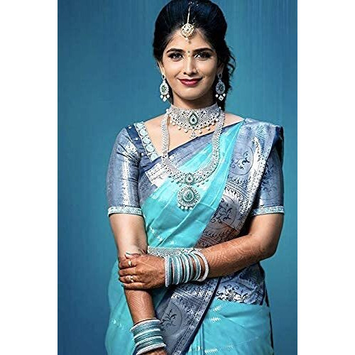 SGF11 Womens Kanjivaram Soft Silk Saree With Blouse Piece (Light Blue Dark Blue)