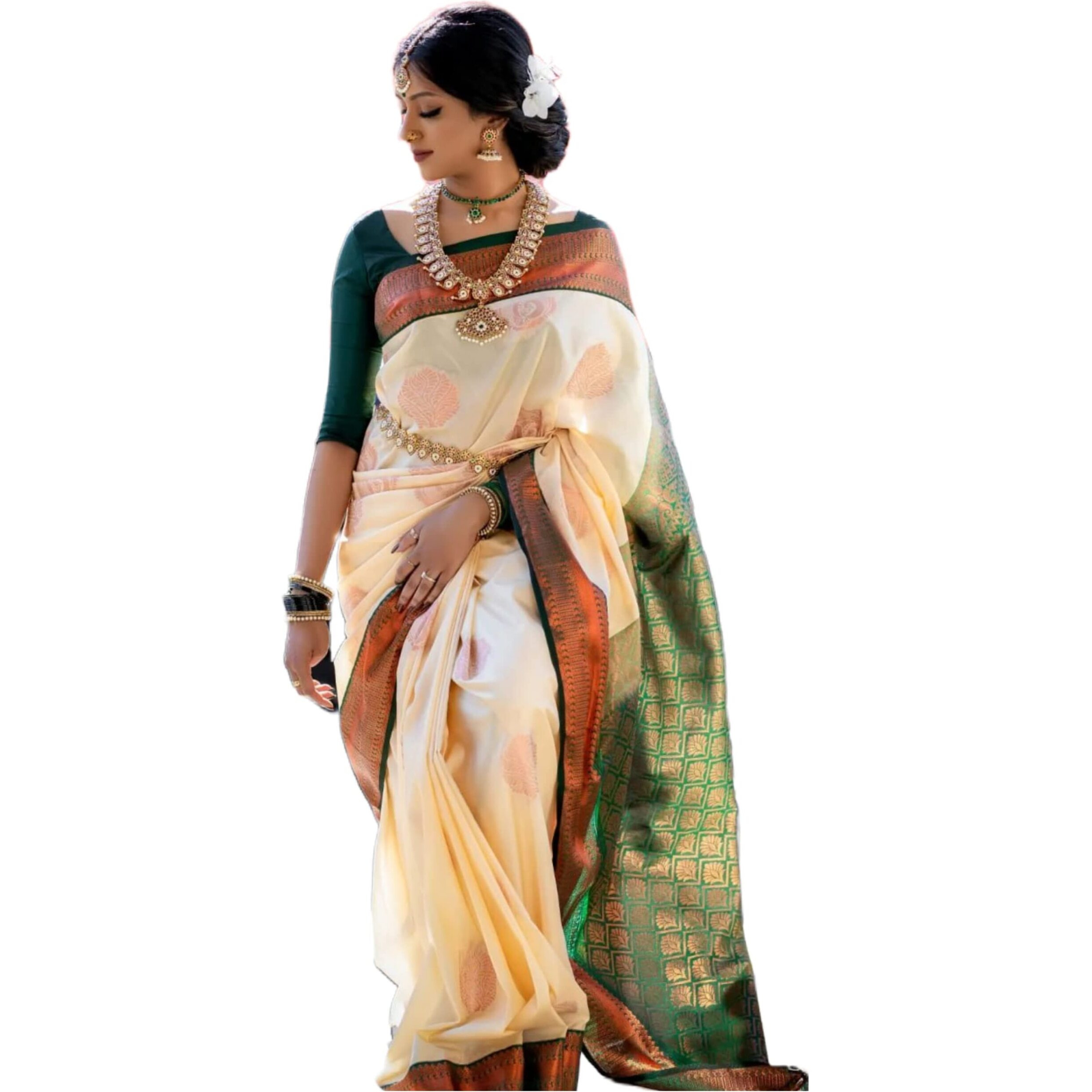 SGF11 Womens Kanjivaram Soft Silk Saree With Blouse Piece (White)