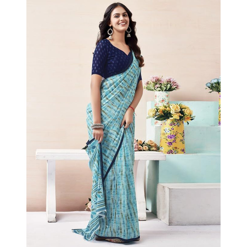 SIRIL Womens Georgette Printed Saree With Unstitched Blouse Piece (3629S2533_Sky Blue)