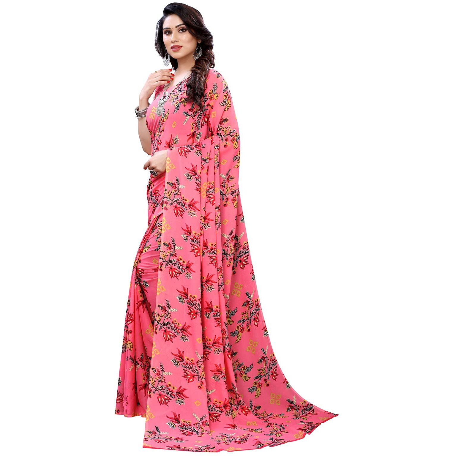 SIRIL Womens Georgette Floral Printed Saree with Blouse Piece (1955S344_ Pink)