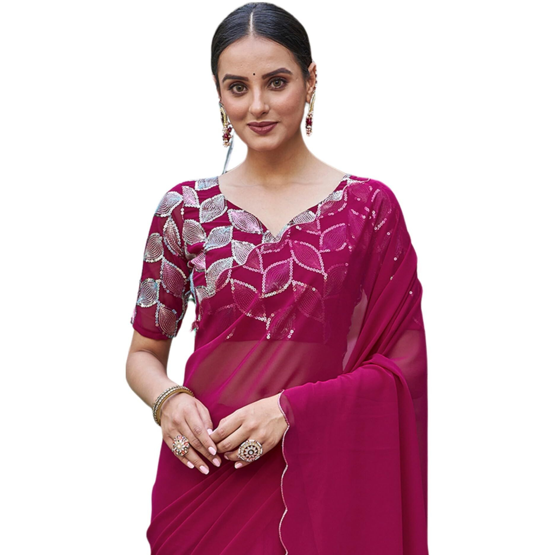SIRIL Womens Georgette Cut Work Border Saree With Sequence Embroidery Work Unstitched Blouse Piece (3752S162_Deep Pink)
