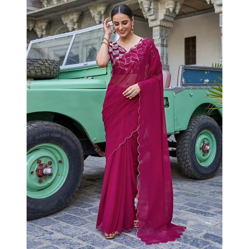 SIRIL Womens Georgette Cut Work Border Saree With Sequence Embroidery Work Unstitched Blouse Piece (3752S162_Deep Pink)