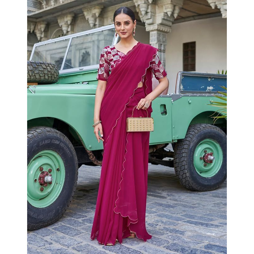 SIRIL Womens Georgette Cut Work Border Saree With Sequence Embroidery Work Unstitched Blouse Piece (3752S162_Deep Pink)