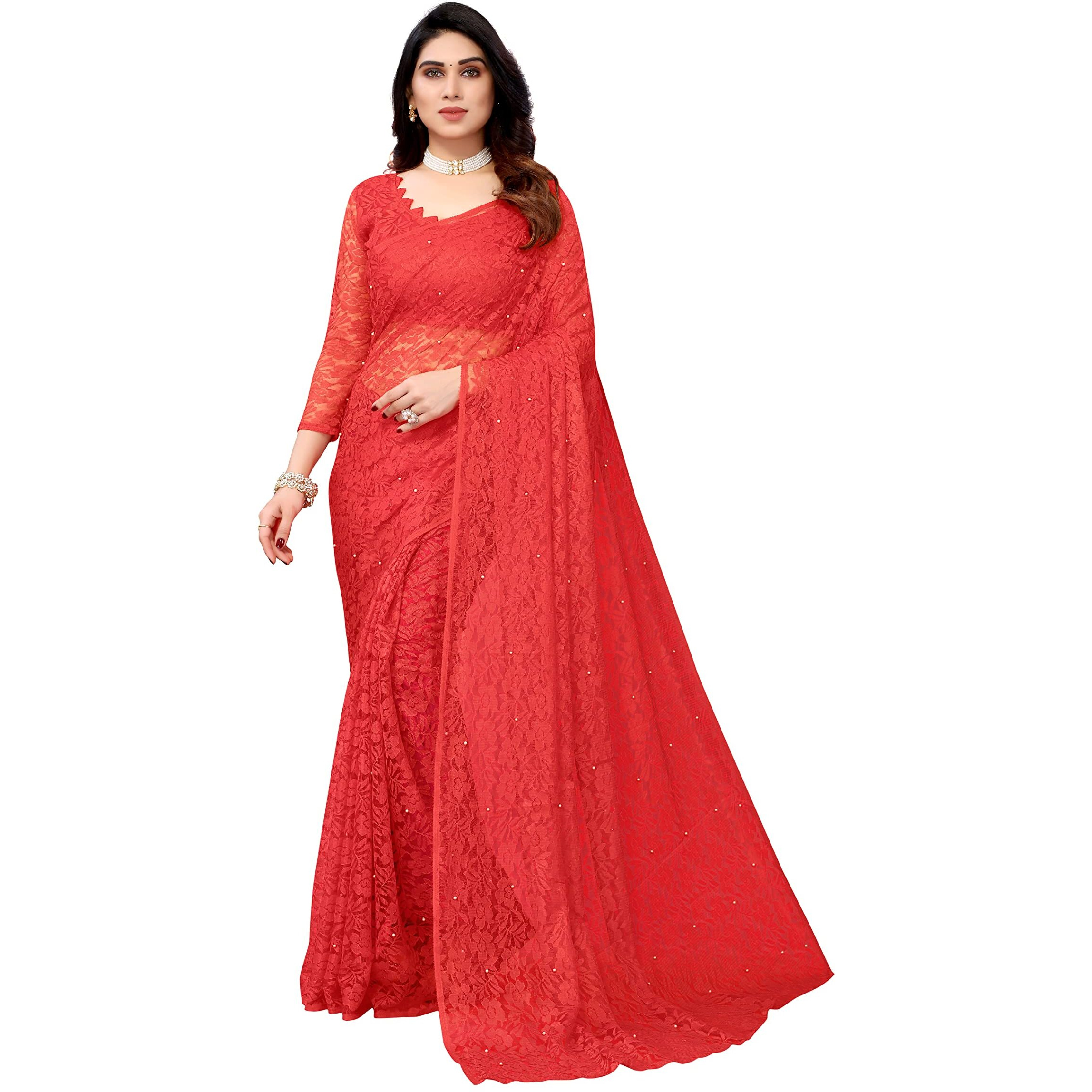 Yashika Womens Jacquard Net Standard Length (ABIRA RED