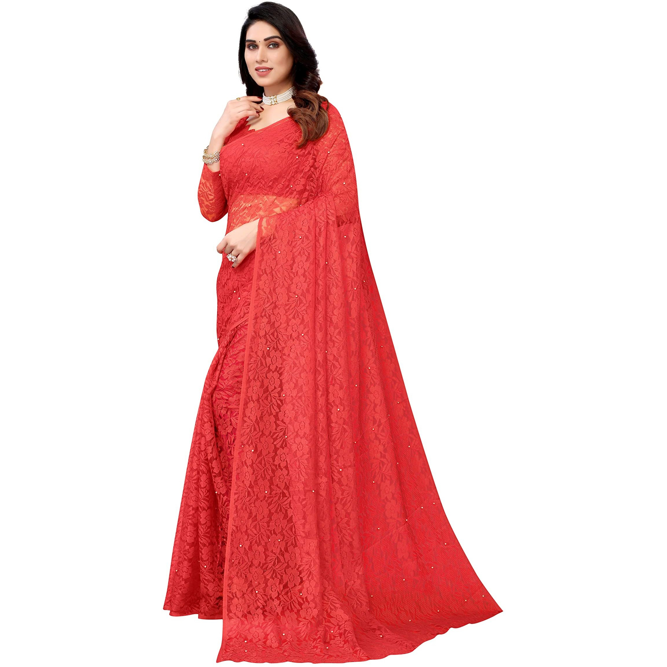 Yashika Womens Jacquard Net Standard Length (ABIRA RED