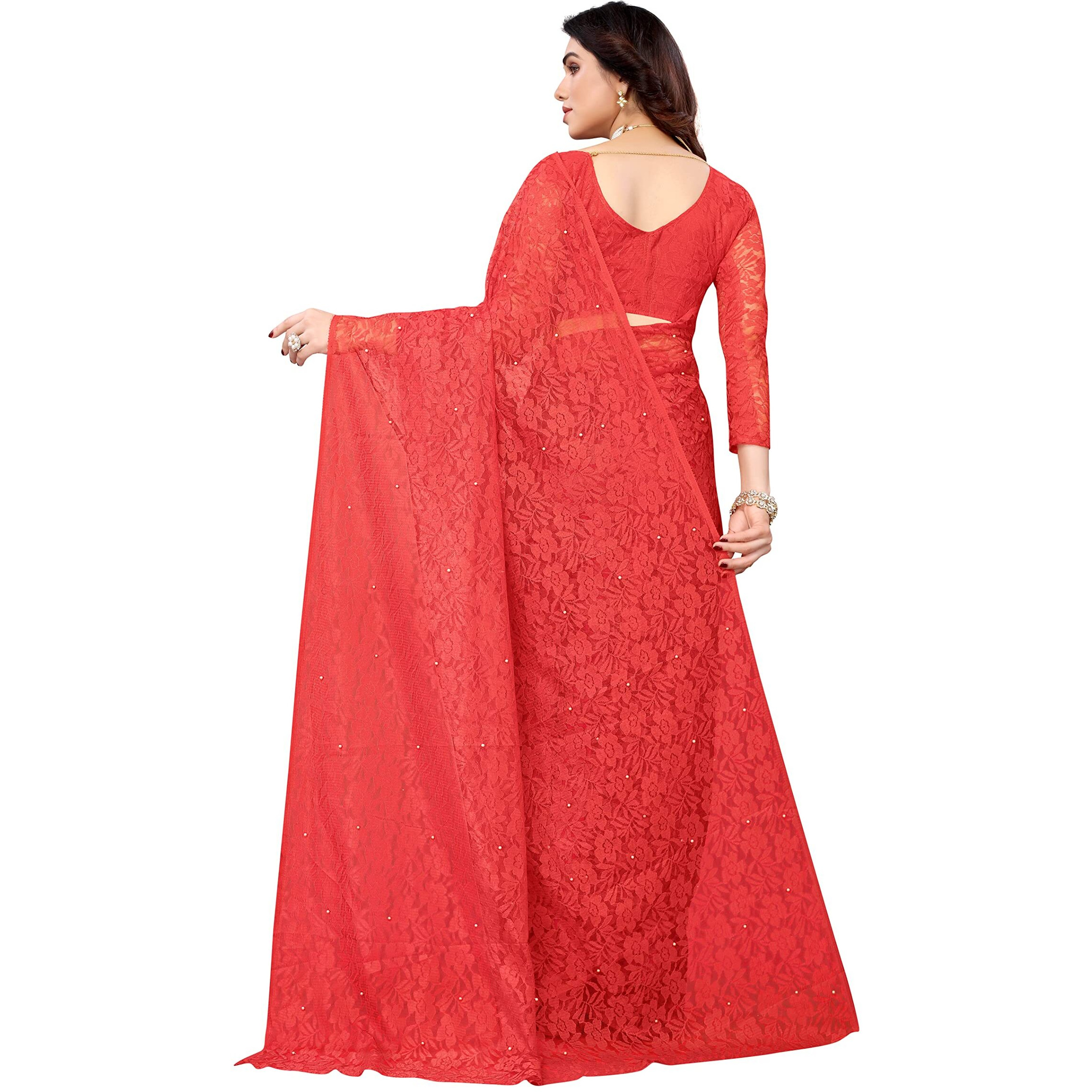 Yashika Womens Jacquard Net Standard Length (ABIRA RED