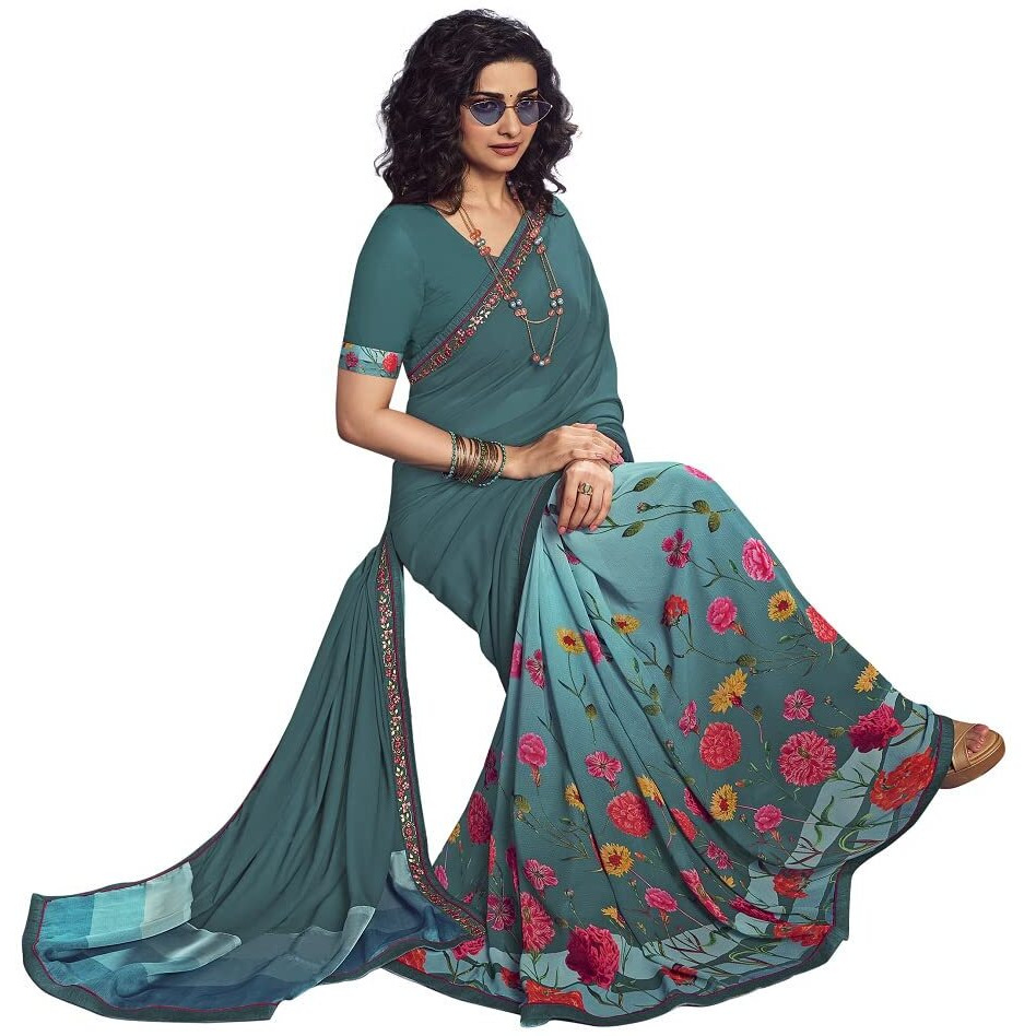 RAJESHWAR FASHION WITH RF Womens Georgette Printed Half & Half Saree Lace Border Saree Piece(A50 M Pich_Multicolored_Free Size 6.30 Mtr)