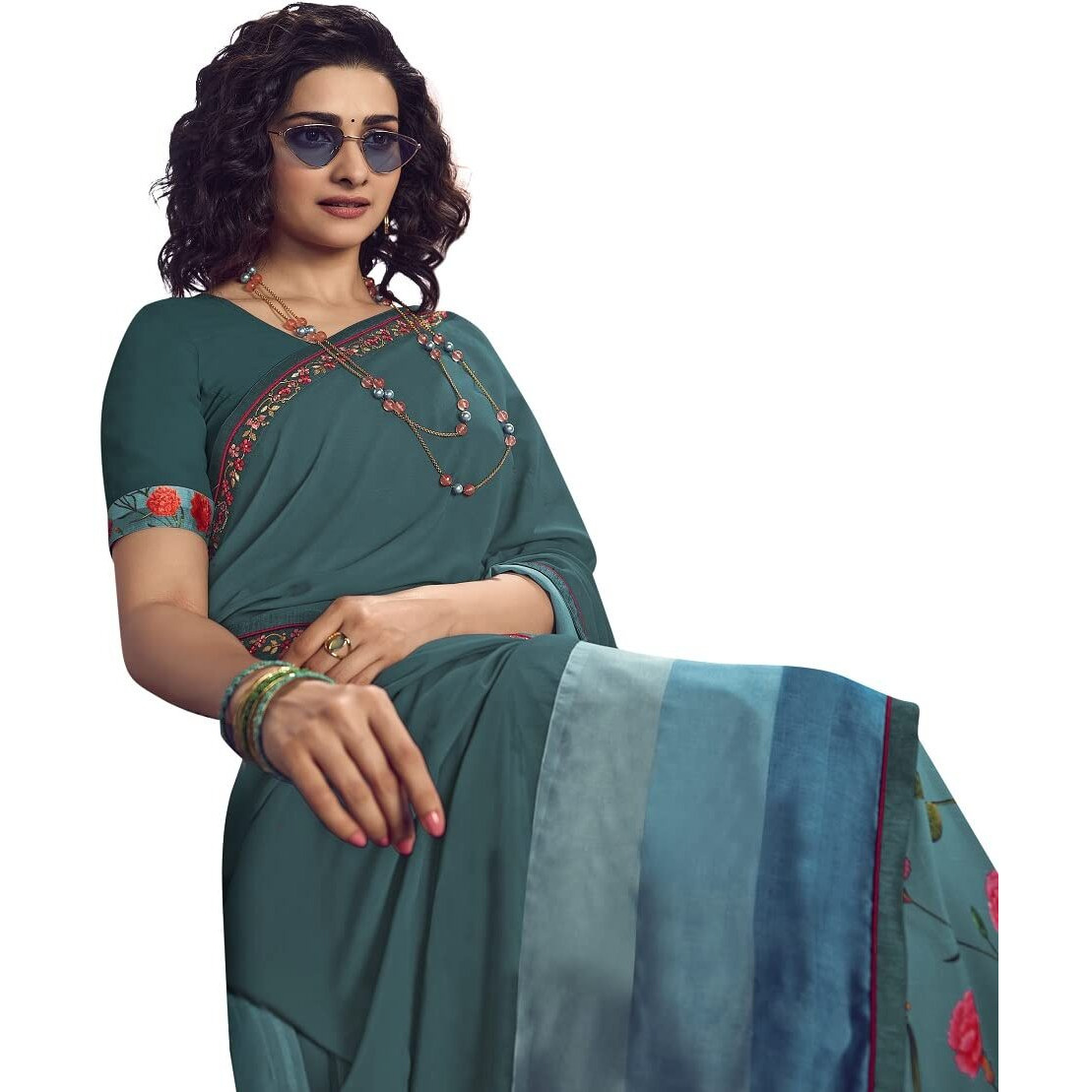 RAJESHWAR FASHION WITH RF Womens Georgette Printed Half & Half Saree Lace Border Saree Piece(A50 M Pich_Multicolored_Free Size 6.30 Mtr)
