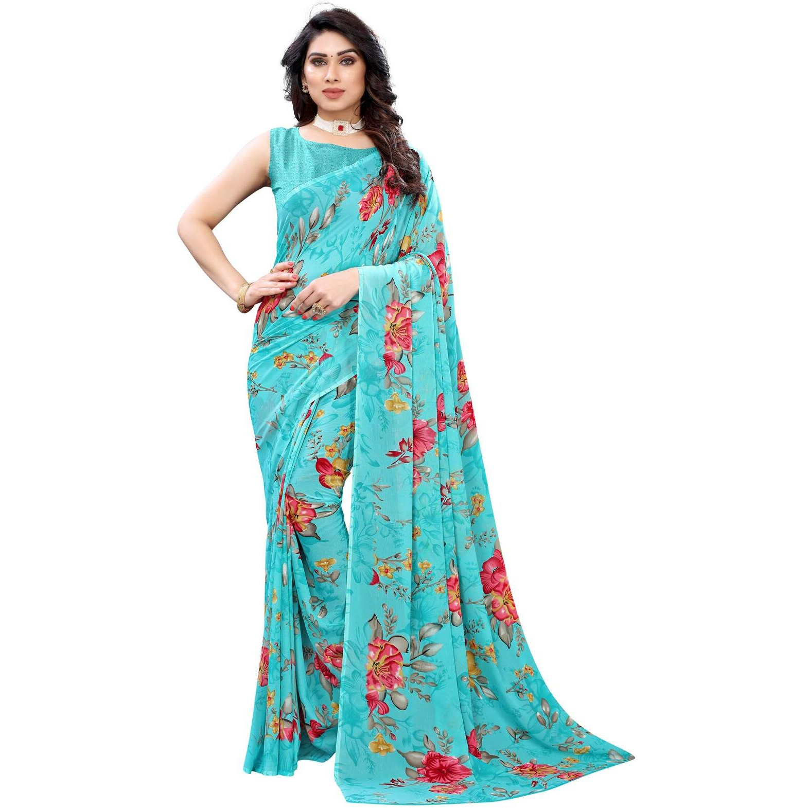 SIRIL Womens Pochampalli Georgette Saree With Blouse (1850S176_Aqua Blue)