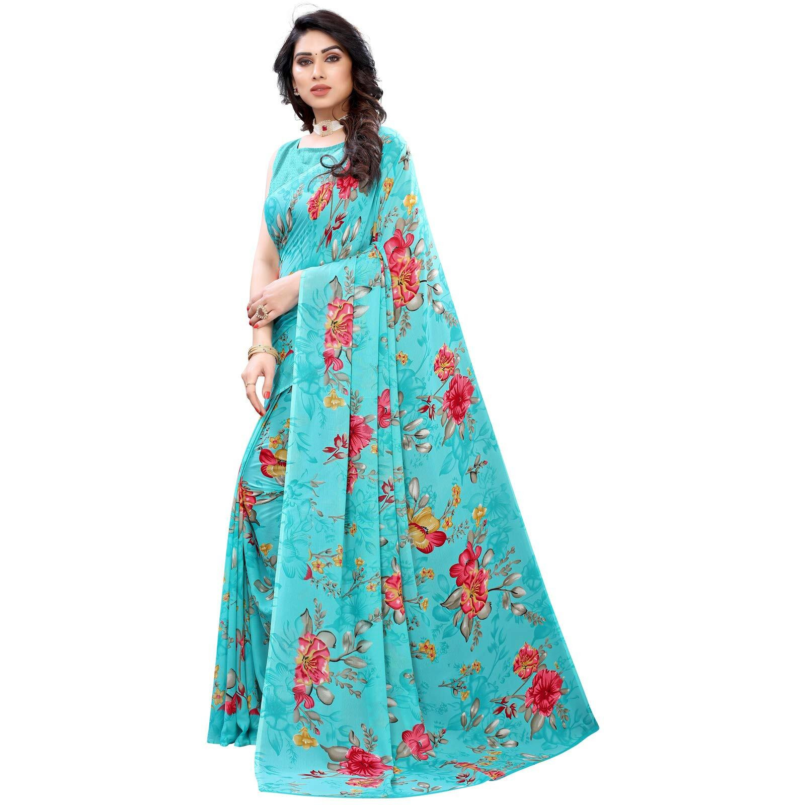 SIRIL Womens Pochampalli Georgette Saree With Blouse (1850S176_Aqua Blue)