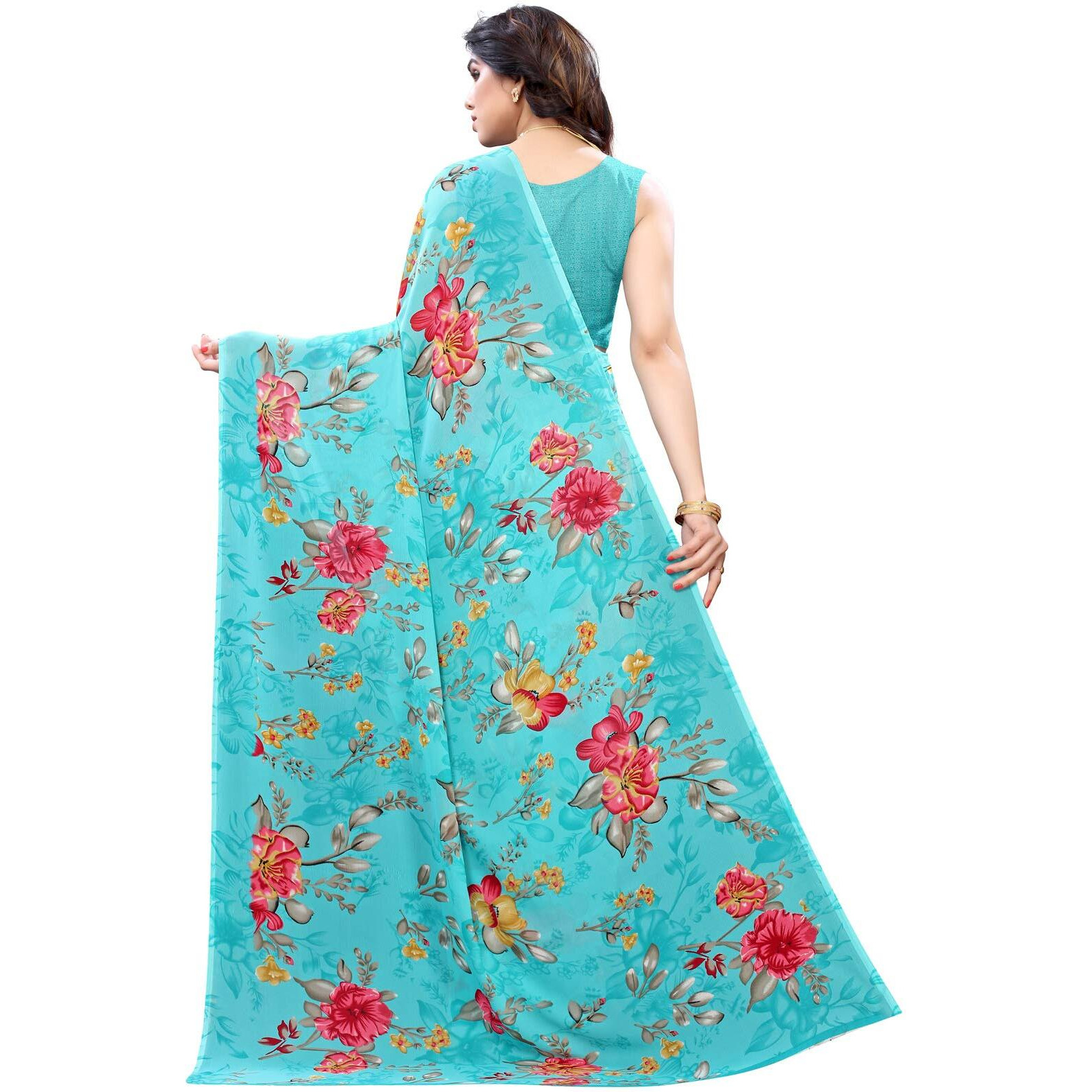 SIRIL Womens Pochampalli Georgette Saree With Blouse (1850S176_Aqua Blue)