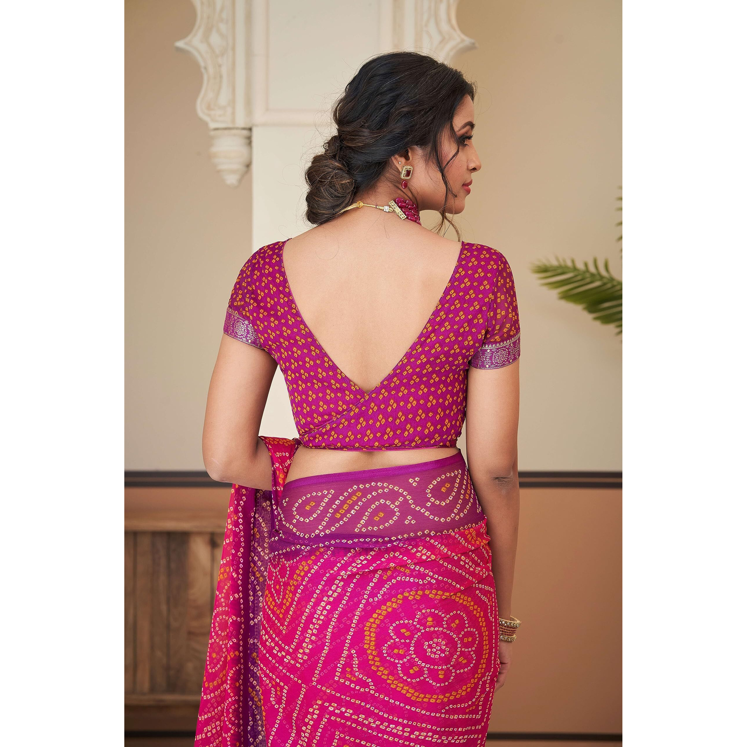 Jaanvi fashion Womens Chiffon Bandhani Print With Lace And Tassels Purple Pink Saree With Solid Self Printed Blouse
