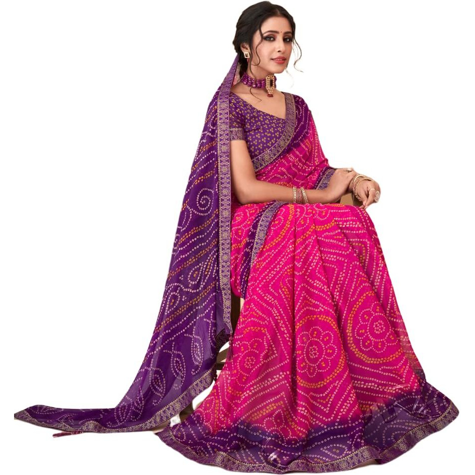 Jaanvi fashion Womens Chiffon Bandhani Print With Lace And Tassels Purple Pink Saree With Solid Self Printed Blouse