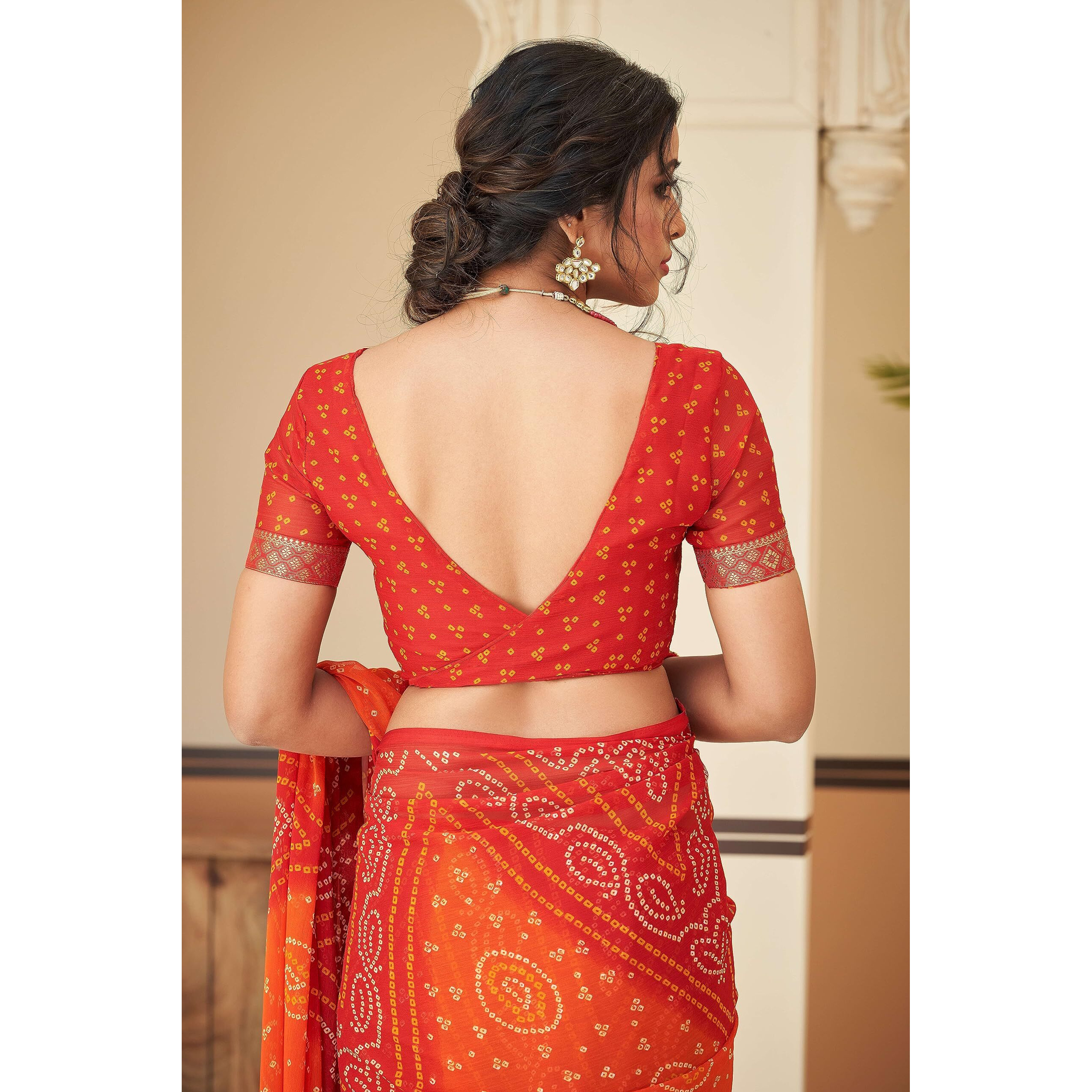 Jaanvi fashion Womens Chiffon Bandhani Print With Lace And Tassels Saree With Solid Self Printed Blouse