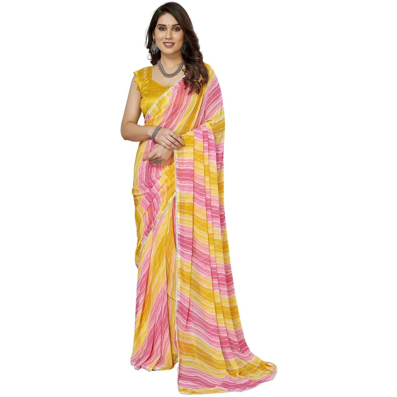 RAJESHWAR FASHION WITH RF Womens Readymade Pleated Pre Drape Stitched Printed Georgette Sarees For Women With Lace Border & Solid Blouse (Ready To Wear One Minute Multicolor Saree) (Lemon Yellow)