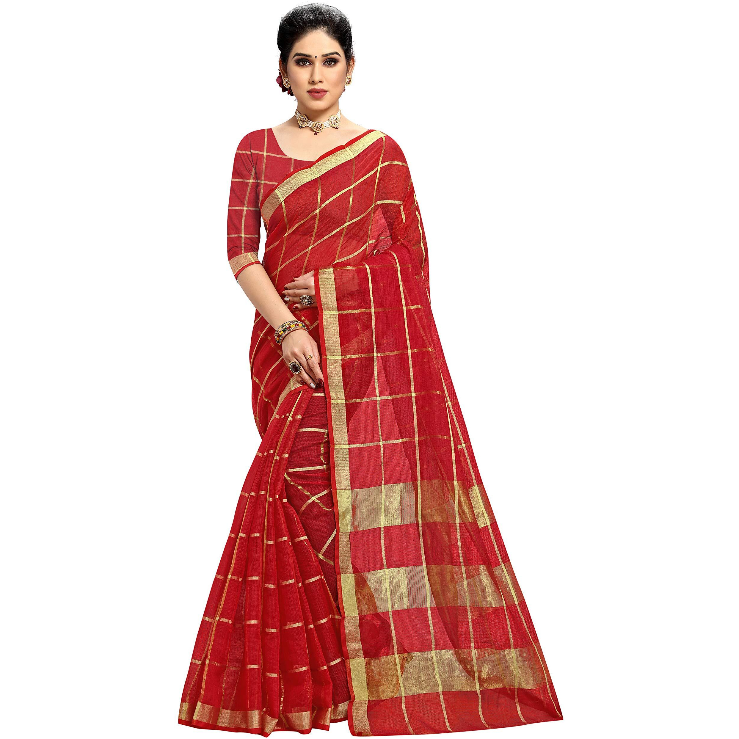 Sidhidata Womens Kota Doria Pure Cotton Saree With Unstiched Blouse Piece (Malangg_Red)