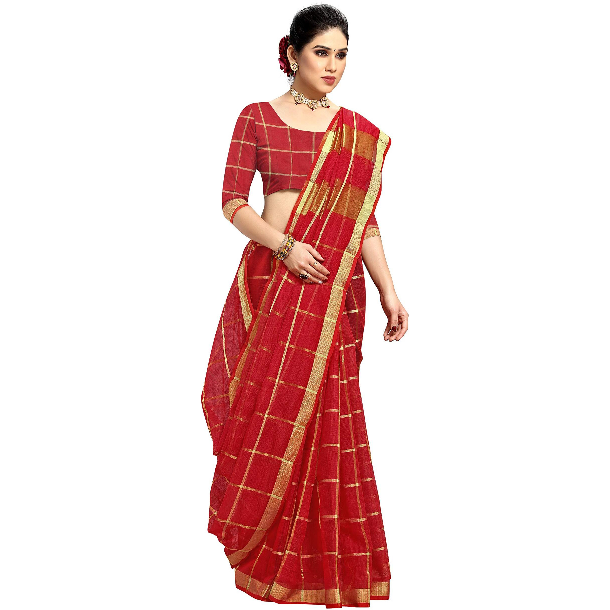 Sidhidata Womens Kota Doria Pure Cotton Saree With Unstiched Blouse Piece (Malangg_Red)