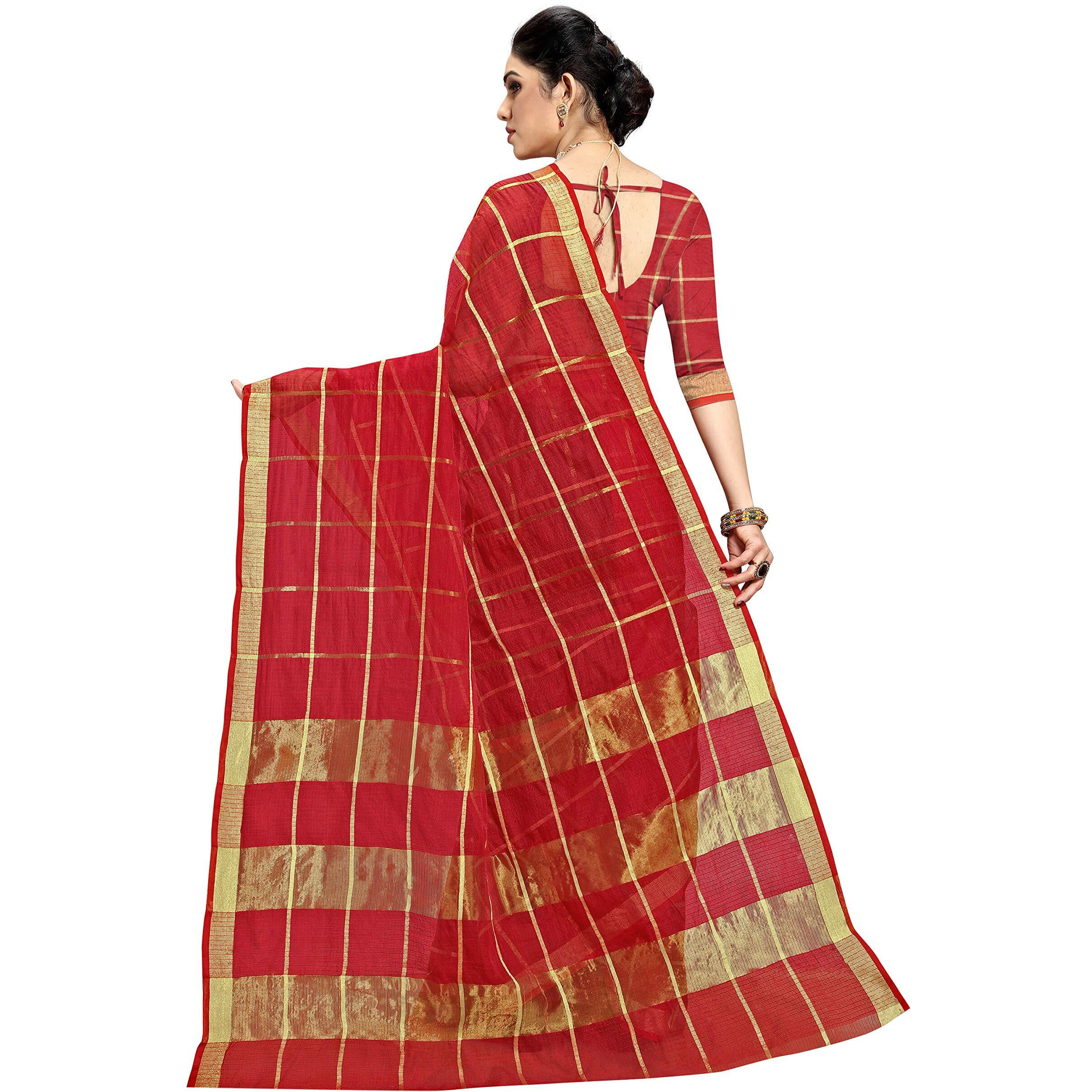 Sidhidata Womens Kota Doria Pure Cotton Saree With Unstiched Blouse Piece (Malangg_Red)
