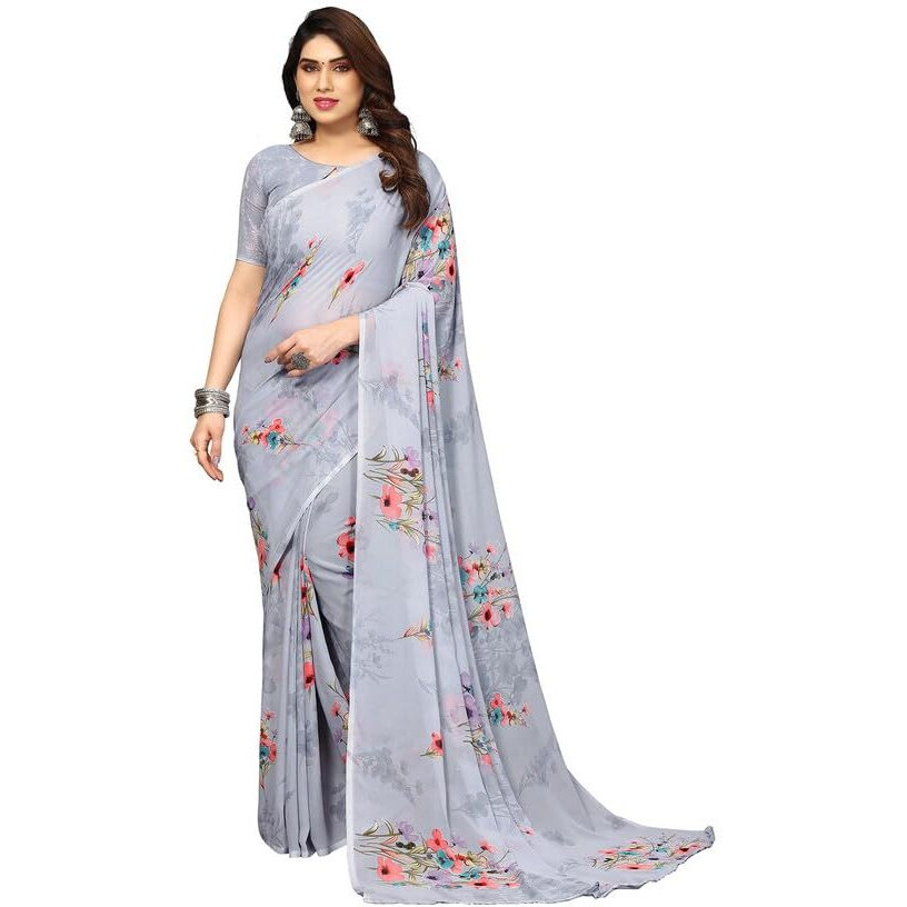 Satrani Georgette Womens Geoegette Floral Print Saree With Unstitched Blouse Piece (3112S2152Na_Grey1)