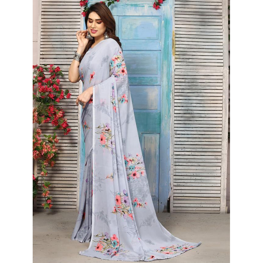 Satrani Georgette Womens Geoegette Floral Print Saree With Unstitched Blouse Piece (3112S2152Na_Grey1)