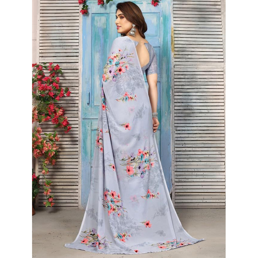 Satrani Georgette Womens Geoegette Floral Print Saree With Unstitched Blouse Piece (3112S2152Na_Grey1)