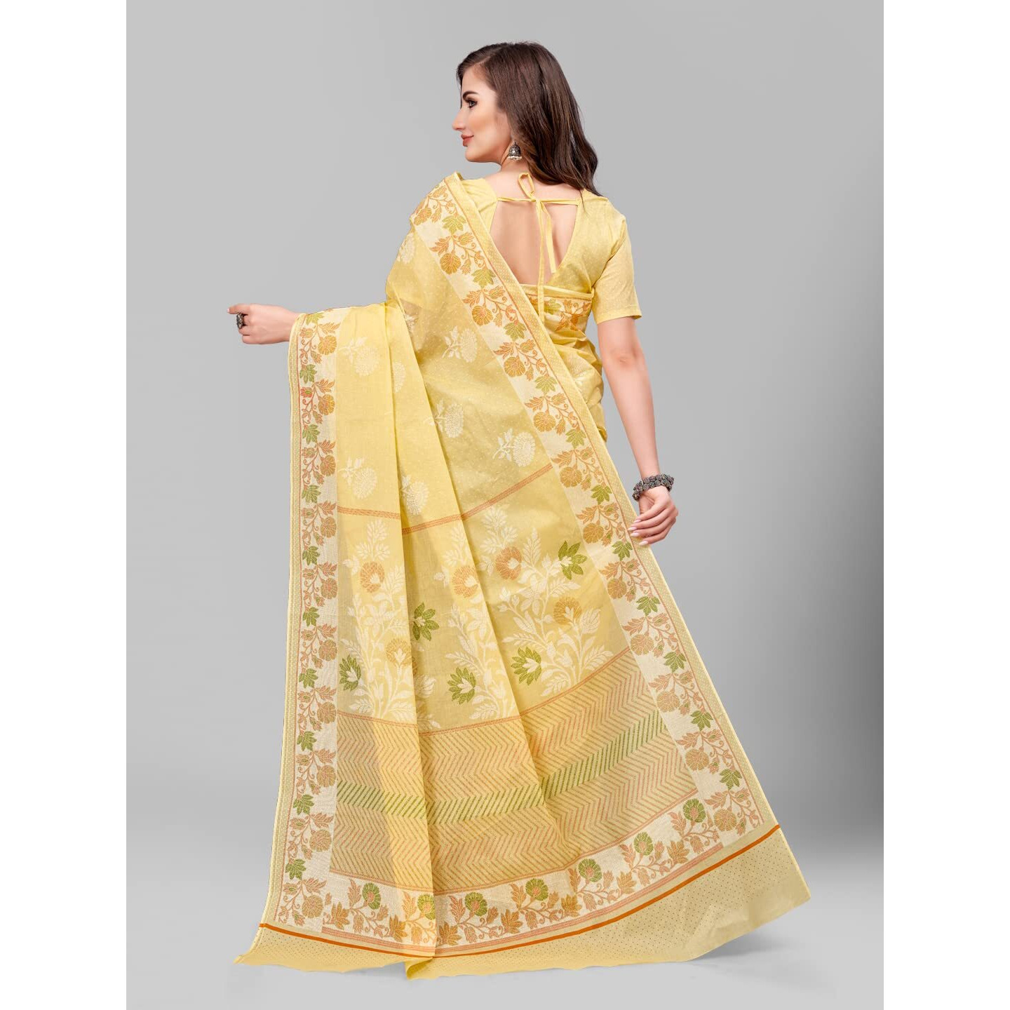 RATAN Pure Cotton Printed Mulmul Saree for Women with Blouse Piece (BGM-BP-5870_Yellow)