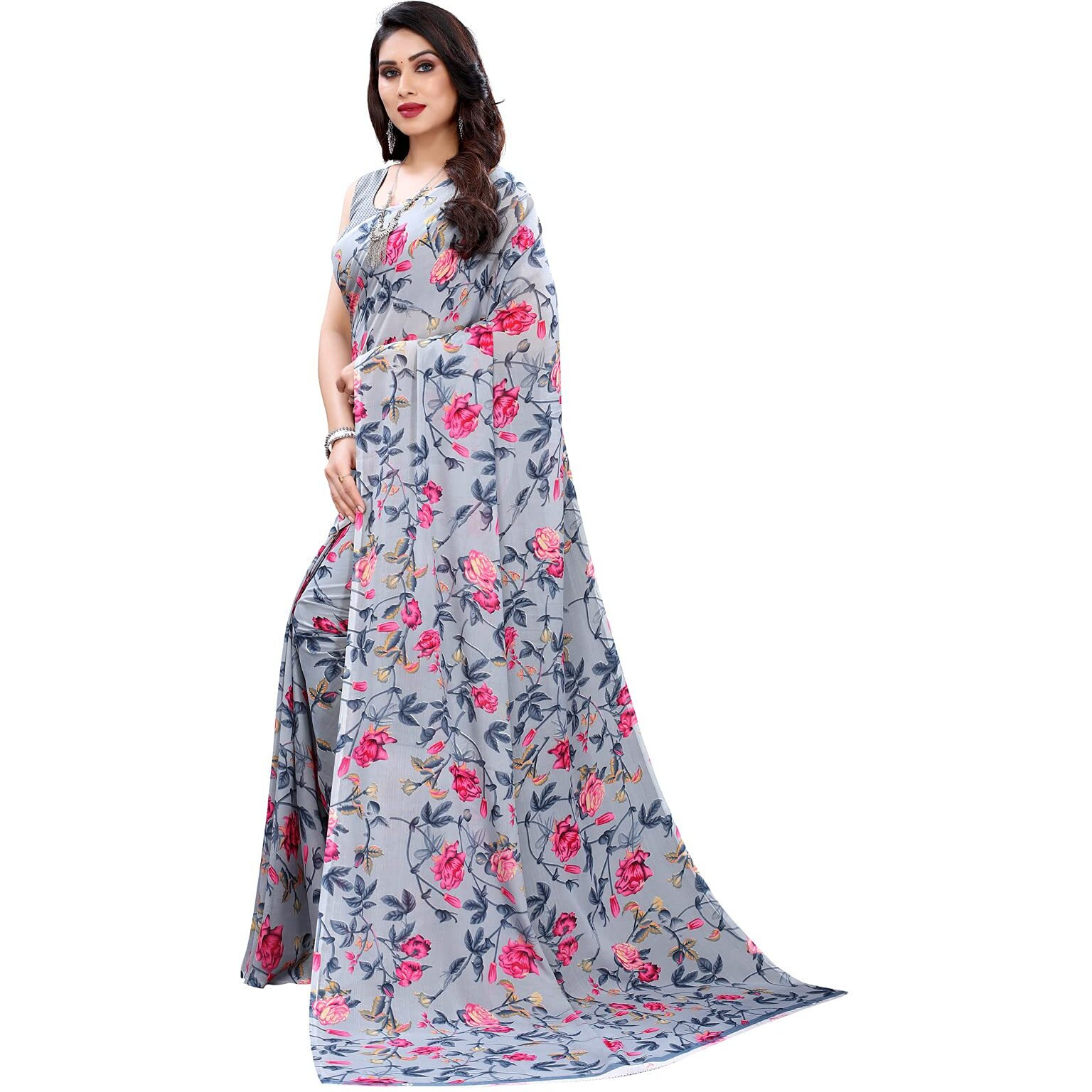SIRIL Womens Floral Printed Georgette Saree With Blouse Piece (2111S687_Grey4)