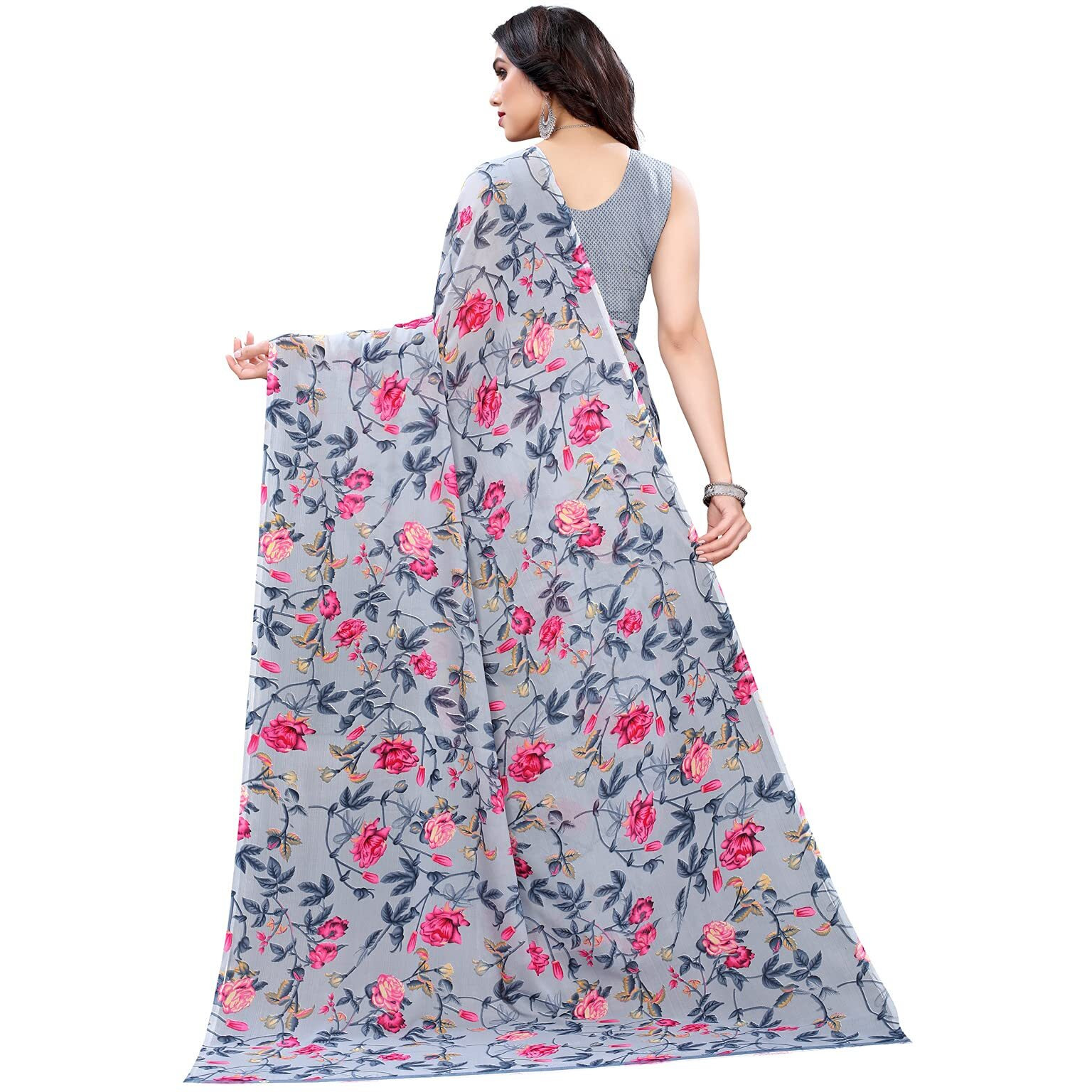 SIRIL Womens Floral Printed Georgette Saree With Blouse Piece (2111S687_Grey4)