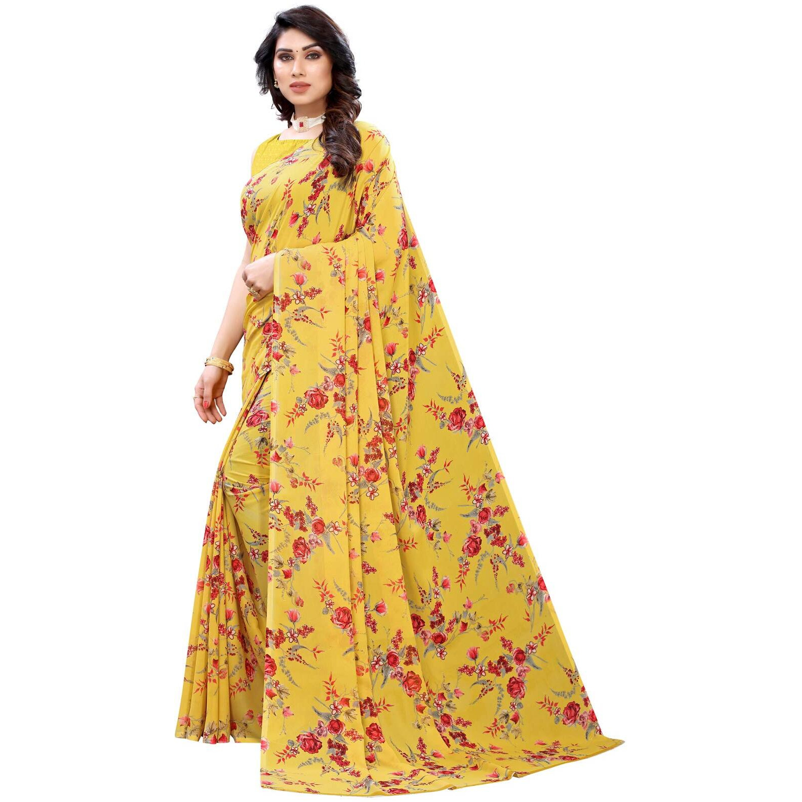 SIRIL Womens Pochampalli Georgette Saree With Blouse (1850S173_Yellow)