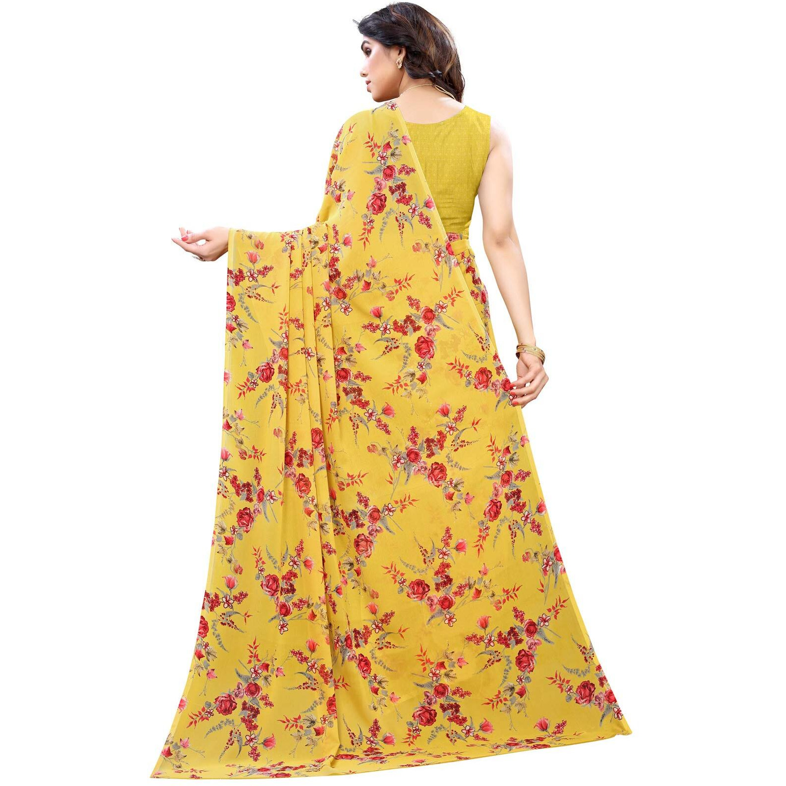 SIRIL Womens Pochampalli Georgette Saree With Blouse (1850S173_Yellow)