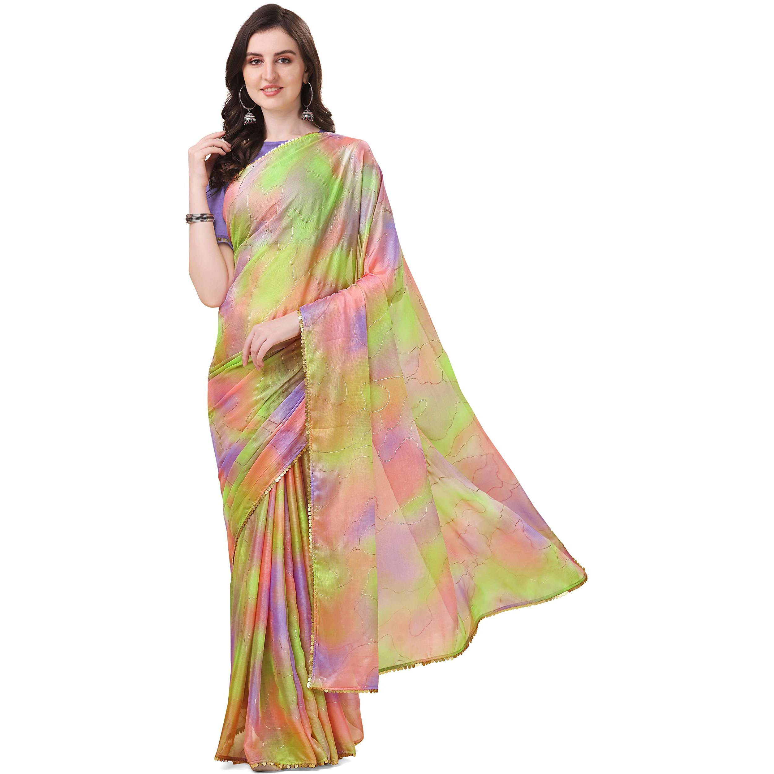 MIRCHI FASHION Womens Plain Weave Chiffon Colorblock Foil Printed Saree with Blouse Piece (37537-Light Green, Peach)