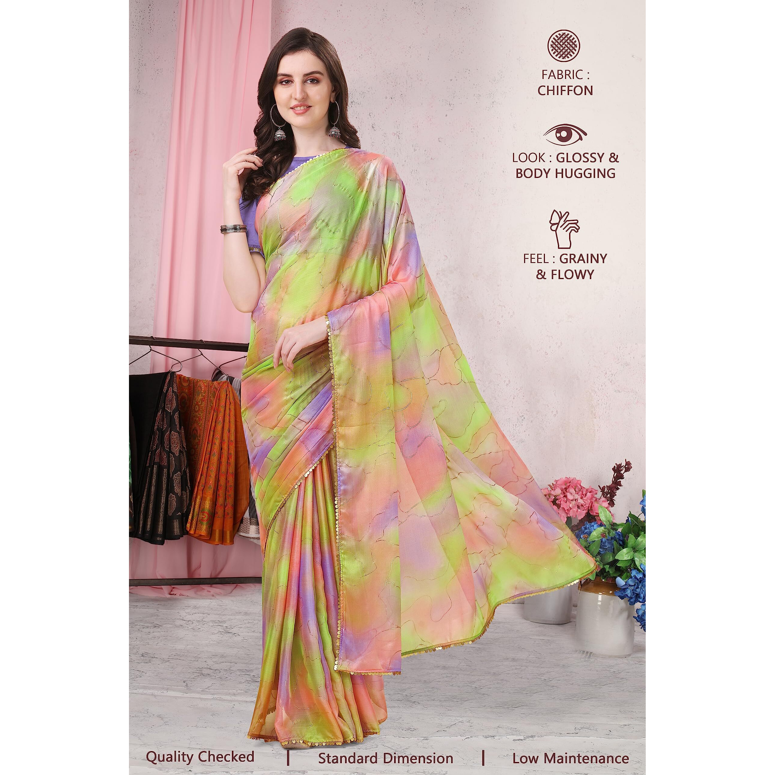 MIRCHI FASHION Womens Plain Weave Chiffon Colorblock Foil Printed Saree with Blouse Piece (37537-Light Green, Peach)