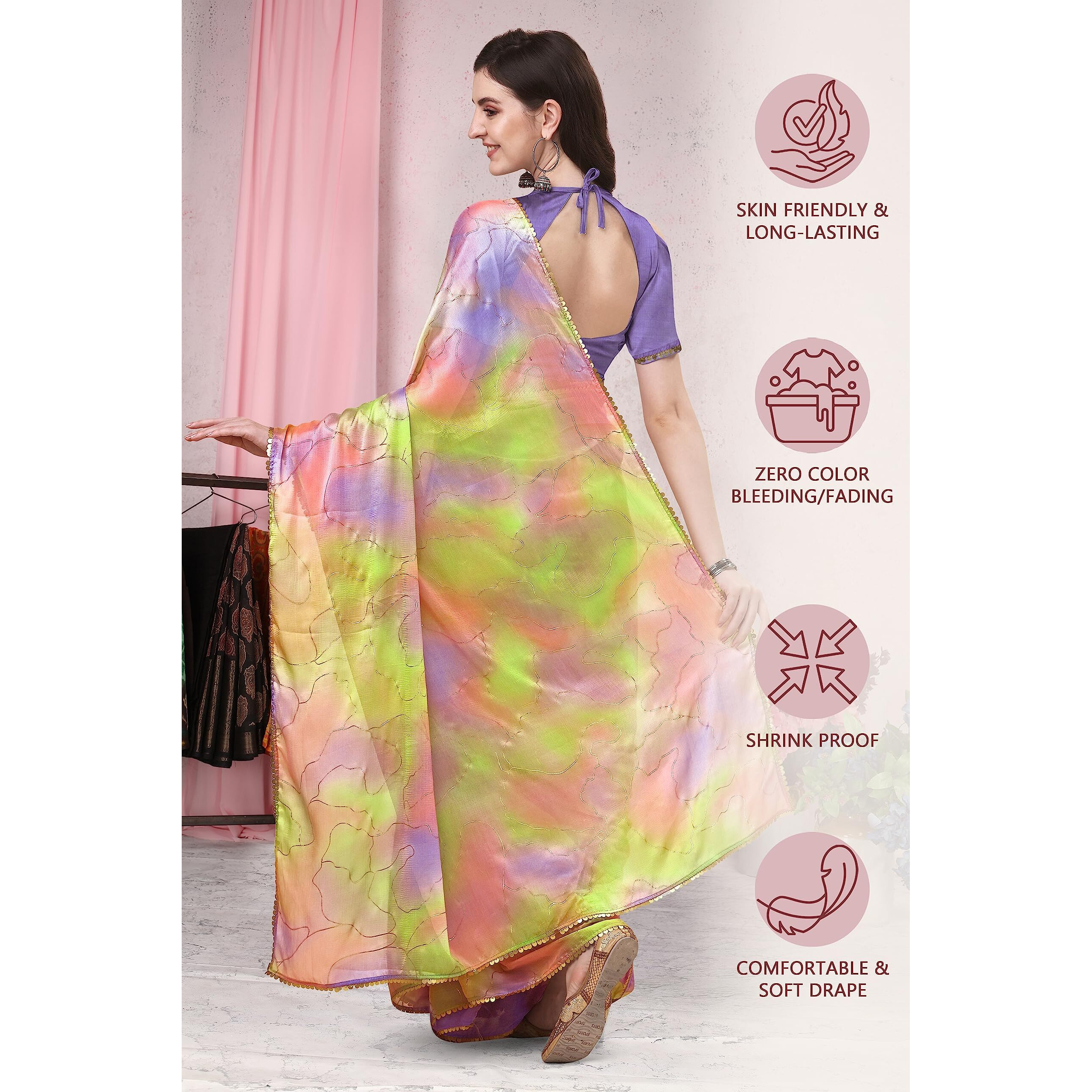 MIRCHI FASHION Womens Plain Weave Chiffon Colorblock Foil Printed Saree with Blouse Piece (37537-Light Green, Peach)