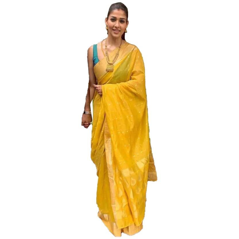 SIRIL Womens Jacquard Cotton Silk Saree with Unstitched Blouse(3073S109_Yellow, Golden)